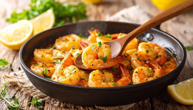A delicious pan of sauteed shrimp cooked with fresh herbs and lemon wedges served in a rustic black skillet on a weathered wooden table top.