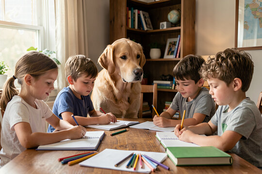 Diverse group of children and a golden retriever doing schoolwork at a wooden table