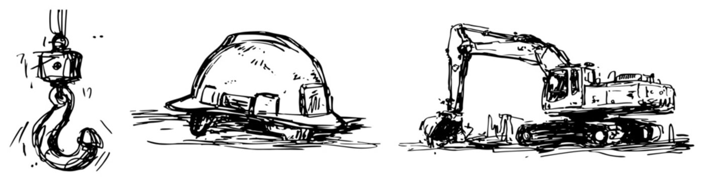 Construction equipment and safety hard hat with crane hook in hand drawn sketch style