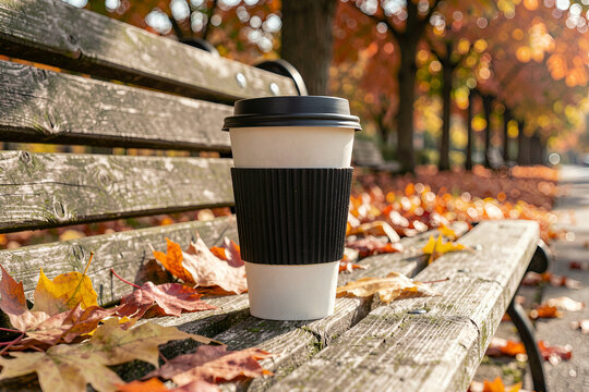 Autumn Coffee Break on a Rustic Wooden Bench in a Park