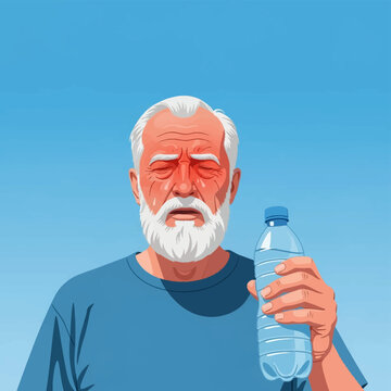 Vector illustration of a senior man with white beard suffering from heat exhaustion, showing a red flushed face and sweat, holding a plastic water bottle against a clear blue sky.
