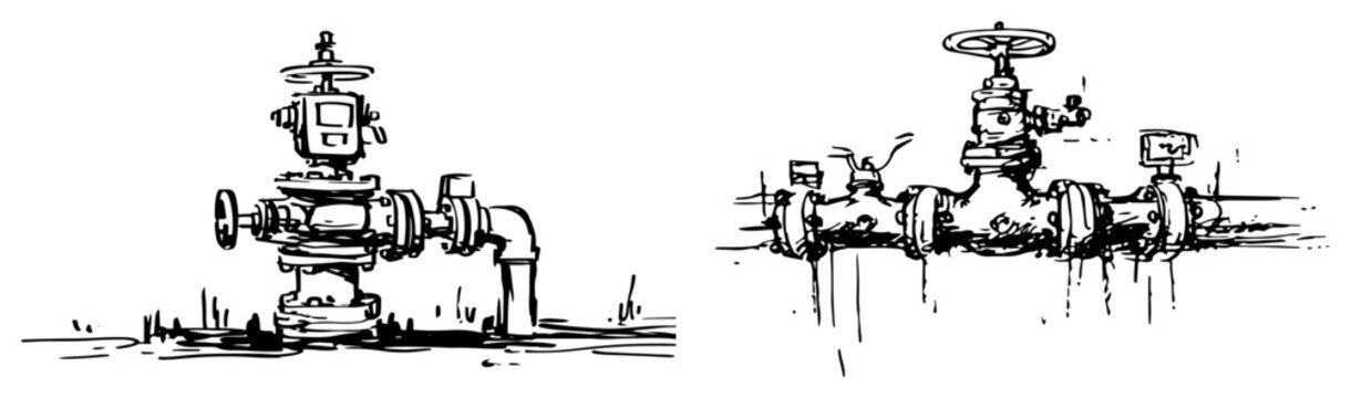 Industrial pipeline valves and heavy duty pipe systems in hand drawn sketch style