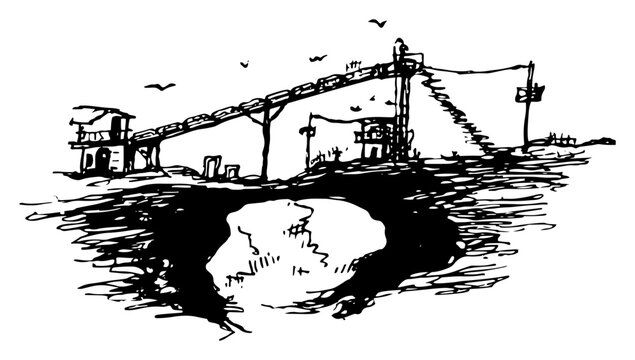 Open pit mining site with conveyor belt and excavation area in ink sketch style