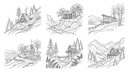 Obraz premium Collection of six line art illustrations depicting cabins and houses in natural landscapes