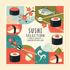 Sushi rolls with fish and flowers. © Sindi