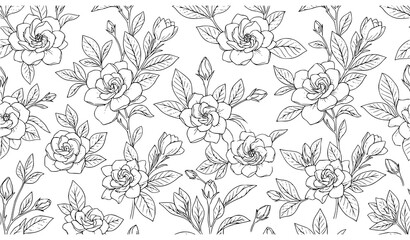 Obraz premium Hand Drawn Seamless Gardenia Flower Line Art Botanical Pattern Vector for Wallpaper and Textile Design