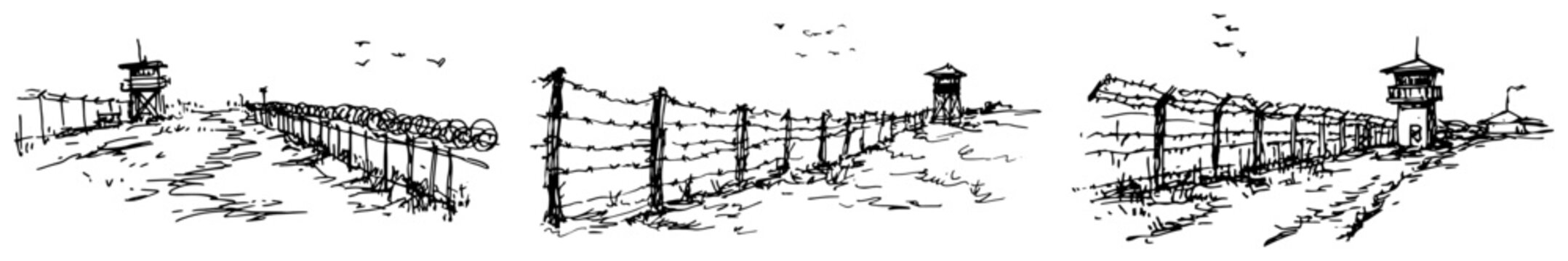 Border fence with barbed wire and military watchtowers in high security area in hand drawn ink sketch style