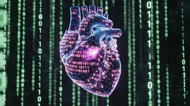 Digital heart with binary code symbolizing the cutting-edge of futuristic design