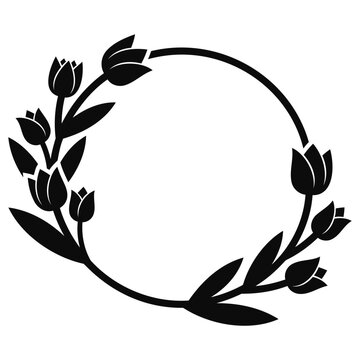 Circular tulip flower wreath silhouette with leaves and buds on white background