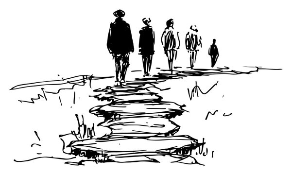 Group of people walking on stepping stone path in minimalist hand drawn ink sketch style