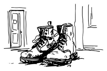 Work boots sitting by a door in hand drawn sketch style © AdrianGebert