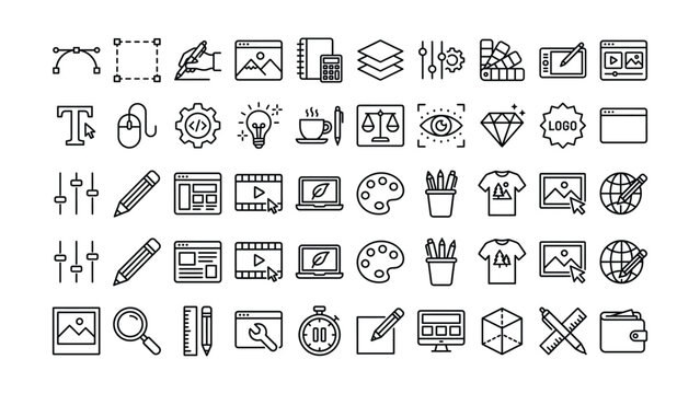 Collection of line icons related to design and technology on white background