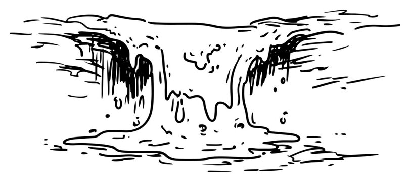 Waterfall cascading over rock ledge in minimalist hand drawn sketch style