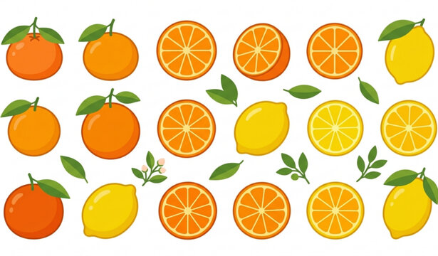 Minimal citrus fruit icon set with flat lemon orange and tangerine vector illustrations