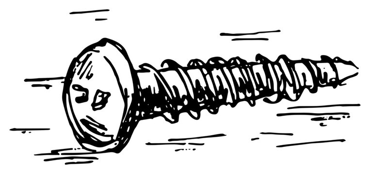Metal screw fastener for construction and woodworking in bold hand drawn ink sketch style