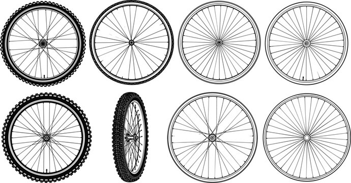 Bicycle wheel vector illustration set with mountain bike and road bicycle tires with metal spokes isolated on white background