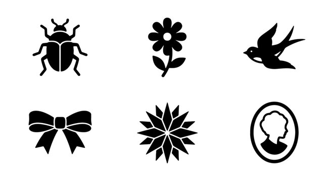 Vector Icons Set: Insect, Flower, Bird, Bow, Starburst, Cameo Silhouette Collection