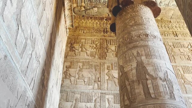 Beautiful vaults and bas-reliefs in the ancient temple complex of Dendera, Qena, Egypt.