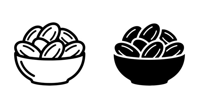Date Fruit Icons, Dried Dates in Bowl, Sweet Healthy Food Vector Set