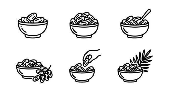 Date Fruit Icons Set, Bowl of Dates Vector Graphics, Healthy Food Symbols, Organic Snack Illustrations