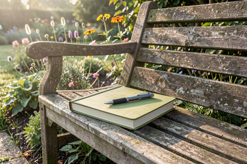Contemplation on a weathered wooden bench in a sunlit garden