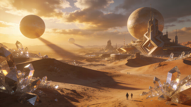 A vast alien desert landscape with colossal crystalline structures and futuristic cityscapes under a double-sunned sky.