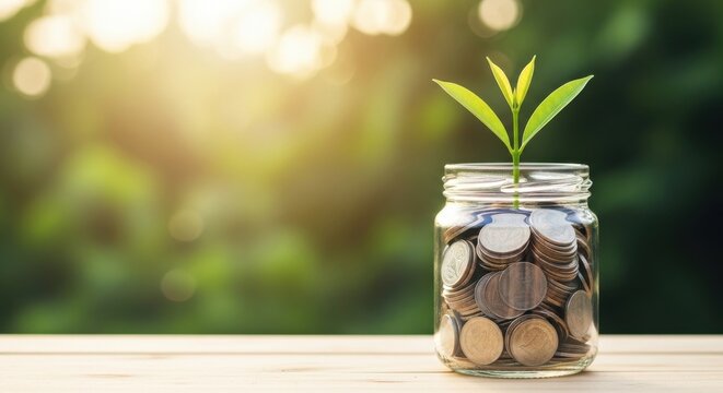 Financial growth concept with green plant growing from glass jar of coins, sustainable investment and savings, wealth management and banking