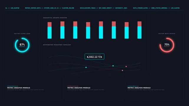 Dynamic motion of digital data visualization with animated bar graphs and circular progress indicators for technology and analytics scenes.