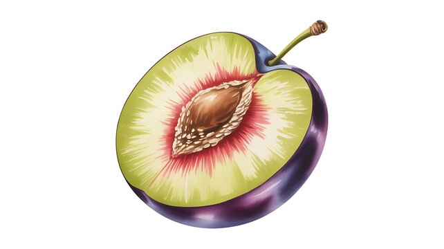A vivid watercolor illustration of a ripe plum cut in half, showcasing its juicy flesh and central pit
