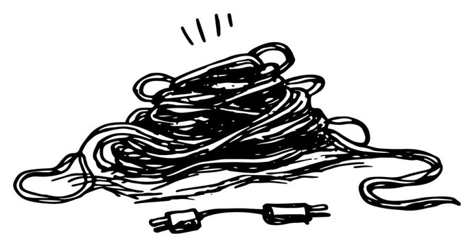 Tangled electrical extension cords and power cables in hand drawn ink sketch style