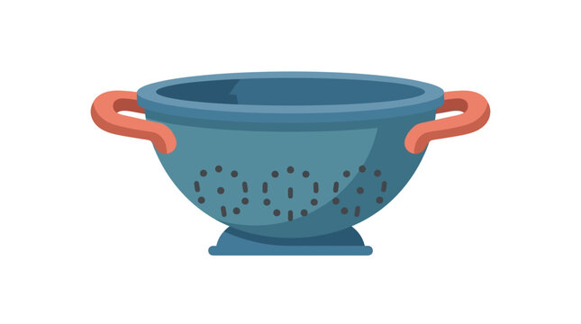 Blue kitchen colander with orange handles.