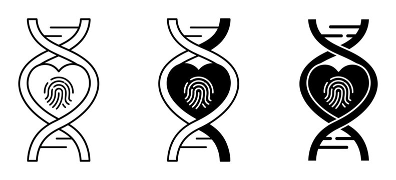 DNA helix, fingerprint, genetic code, biotechnology icons, black and white