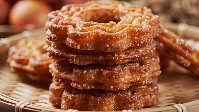 Closeup of a Stack of Crispy Fried Rosettes Pastries on a Woven Mat.