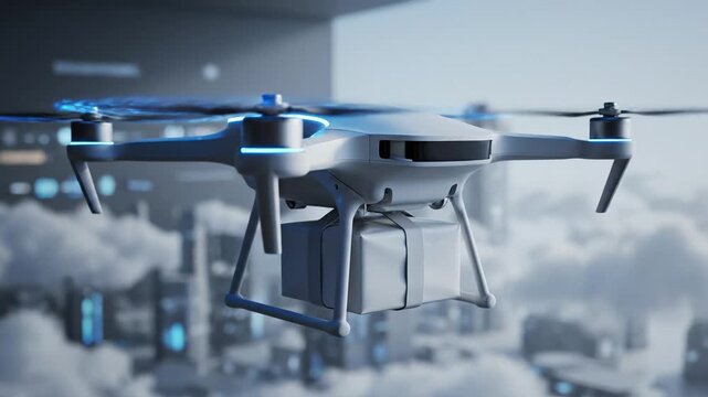 Drone delivering package in city emphasizing futuristic concepts and connectivity