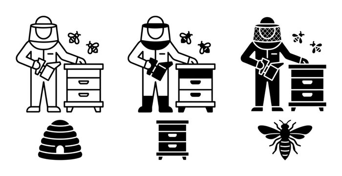 Beekeeping icons, bee keeper illustrations, apiculture symbols, black vector graphics