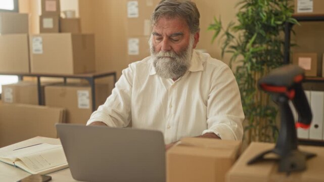 Man with packages stretches arms behind head in a building office near laptop and parcel scanner; business productivity relief.