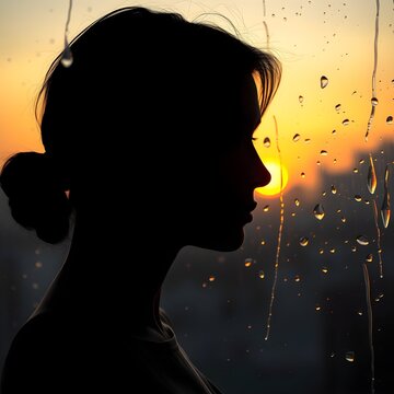 Profile Silhouette Woman Gazing Rain Streaked Window Dusk Features Unreadable