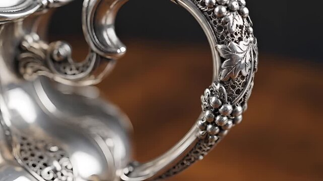 Closeup of ornate antique silver teapot handle with intricate grape vine design.