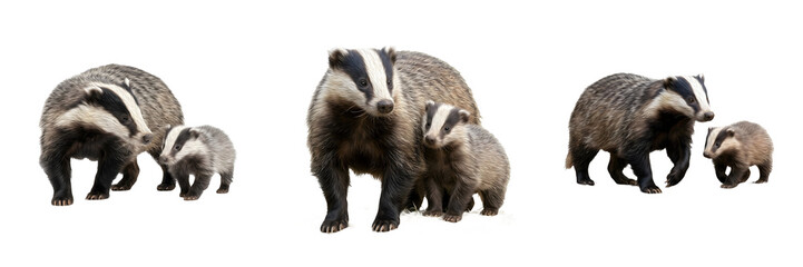 Majestic European Badger Mother and Cute Cub Isolated on White Background for Wildlife Photography, Woodland Nature Education, and Conservation Graphic Design Assets © Dynamic Shoots