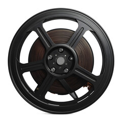 Obraz premium A large spool of wire on a black plastic reel with a white background