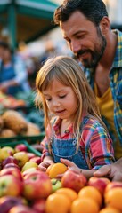 Fototapeta premium Parent and child choosing fresh fruit at outdoor market stall