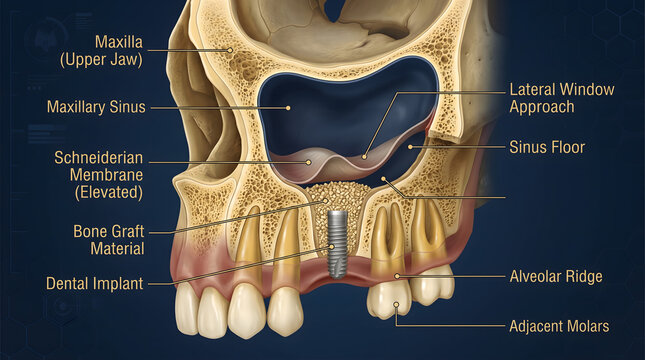 Maxillary sinus lift procedure with bone graft and dental implant
