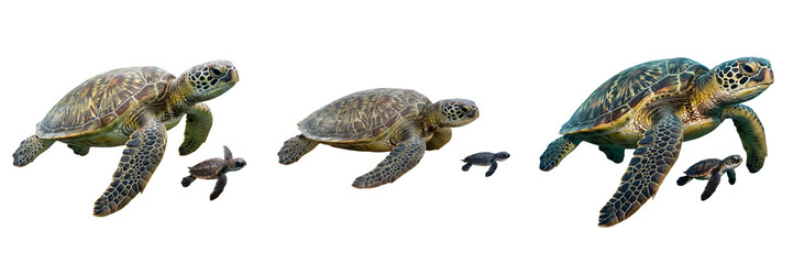 Stunning Green Sea Turtle Adult and Hatchling Isolated on White Background for Marine Wildlife Photography, Ocean Conservation Education, and Nature Graphic Design Assets © Dynamic Shoots