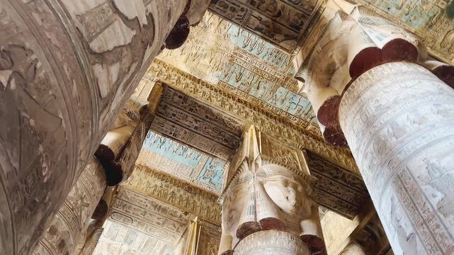 Beautiful vaults and bas-reliefs in the ancient temple complex of Dendera, Qena, Egypt.