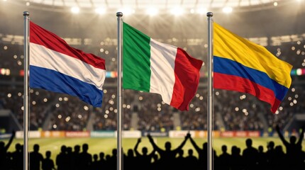 Naklejka premium Netherlands Italy and Colombia National Flags Waving at Stadium with Crowd Silhouette International Sports Event
