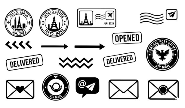 Black and white postal stamp graphic element vector set
