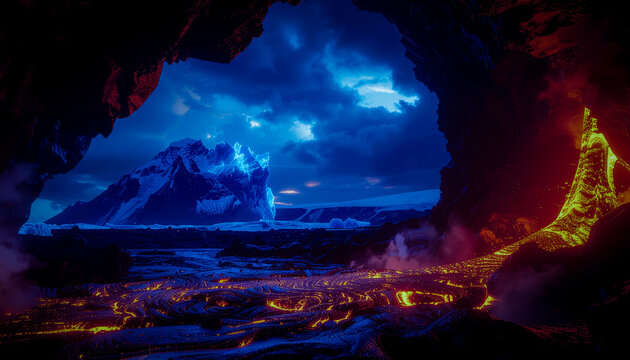 Ultra Wide IMAX Style Frame Contrasting Red Magma River and Deep Blue Ice Canyon 4K