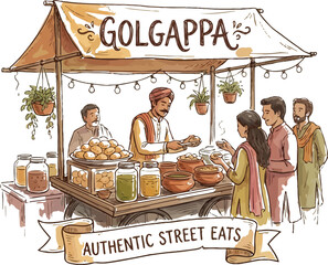Traditional Indian Street Food Stall Illustration - Golgappa Pani Puri Vendor Serving Customers at a Local Market, Authentic Street Eats Watercolor Style Sketch  © Apon