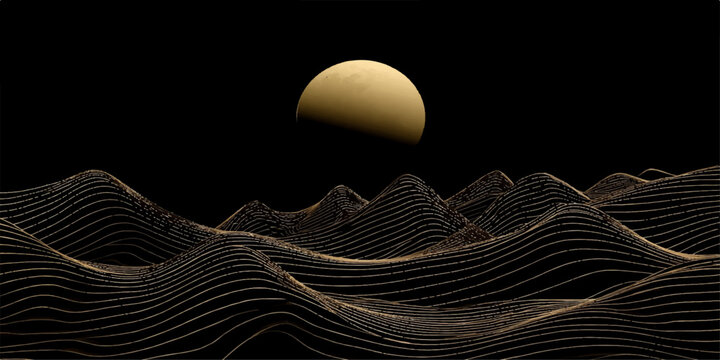 Minimalist 3d abstract background with glowing gold moon over wavy black terrain, cinematic wallpaper.