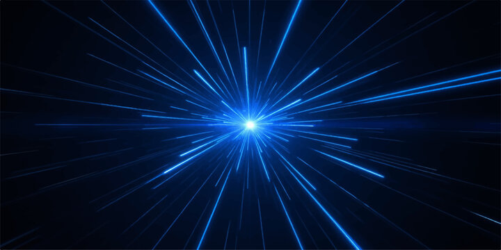 Abstract blue light speed zoom background, fast motion blur lines radiating from center.